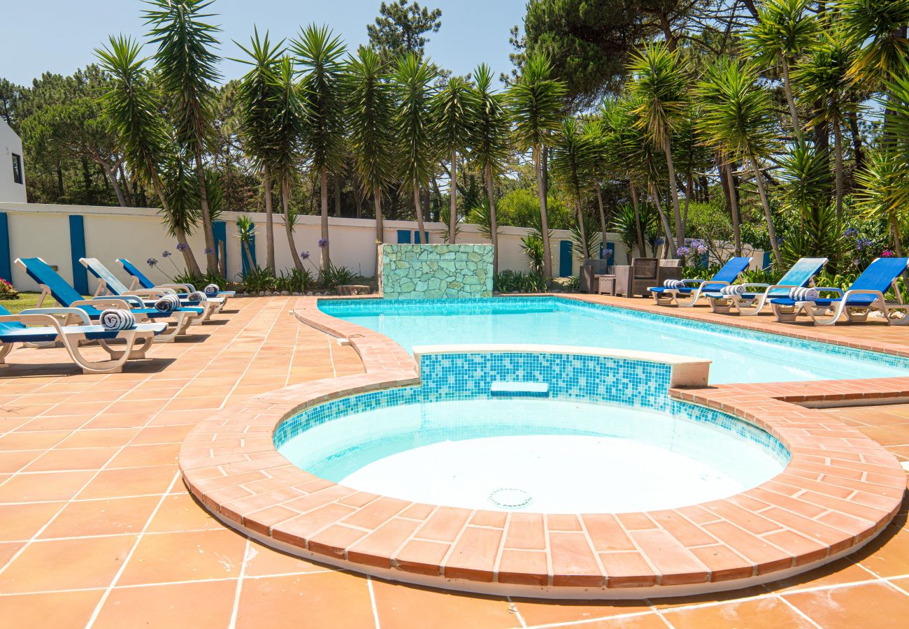 Espace extérieur avec piscine et entouré d'arbres.