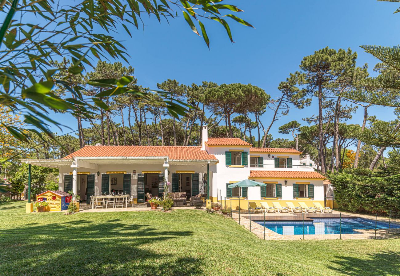 Holiday villa with surrounding garden and swimming pool.